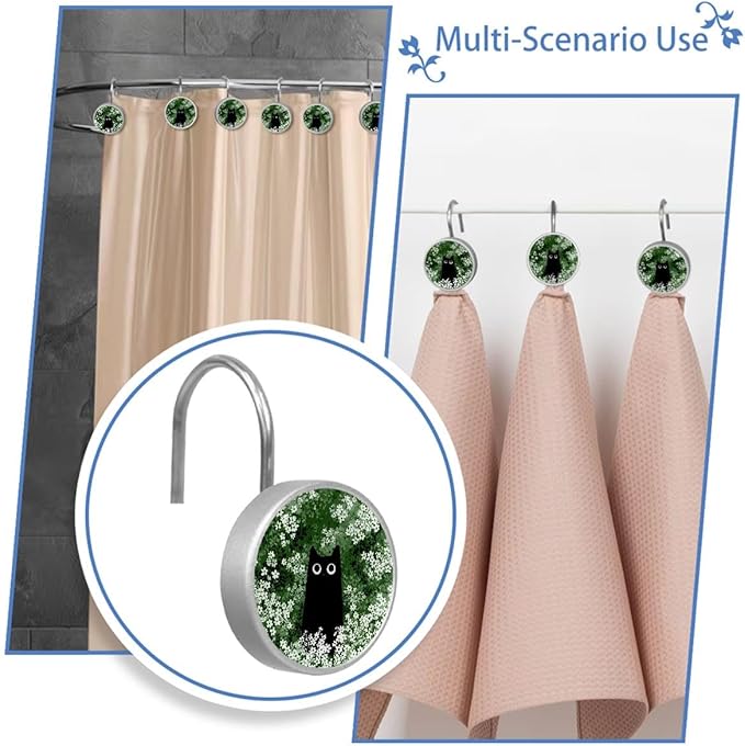 12 Packs Black Cat Floral Shower Curtain Hooks, Stainless Steel Glass Shower Curtain Rings for Bathroom, Rustproof Metal Curtain Rod Hooks