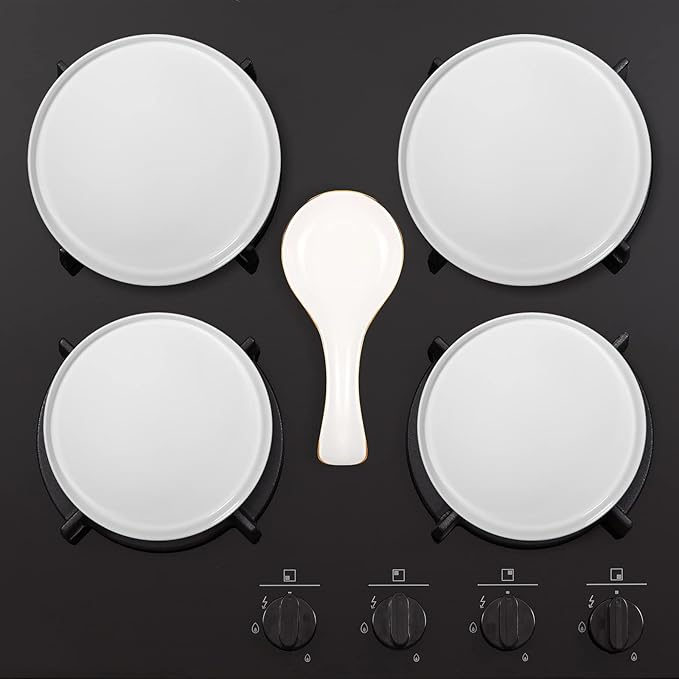 4 Pcs 8" 10" Electric Stove Burner Covers 1 Pcs 3.8" x 8.7" Ceramic Spoon Rest Stainless Steel Stove Top Covers for Gas Burners Spoon Holder for Winter Kitchen Coffee Bar Accessories(White Cover)
