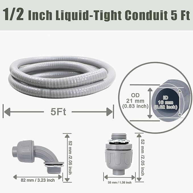 Liquid-Tight Conduit and Connector Kit - 1/2 Inch 5 FT Non Metallic Liquid Tight Electrical Conduit with 1 Straight and 1 Angle Fittings
