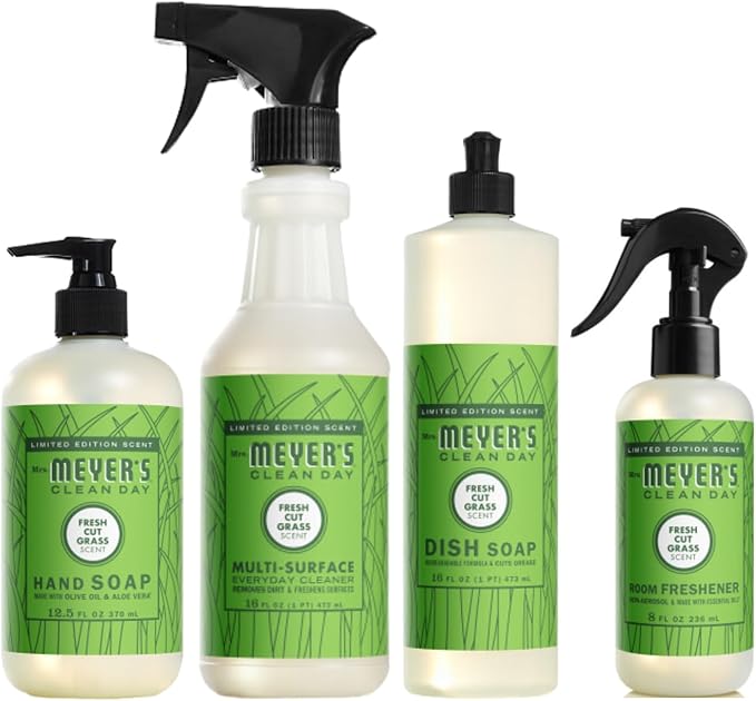 Mrs. MEYER'S Clean Day Fresh Cut Grass Scent Variety Pack, Liquid Hand Soap 12.5 FL OZ, Dish Soap 16 FL OZ, Multi-Surface Cleaner 16 FL OZ, Room Freshener 8 OZ, 1 CT