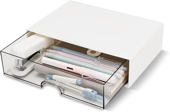 Desk Organizer Drawer, Clear Plastic Desk Storage Box, Desktop Organization for Office Supplies, Gel Pens, Pencils, Markers, Tape, Erasers, Paperclips, Chargers (White)