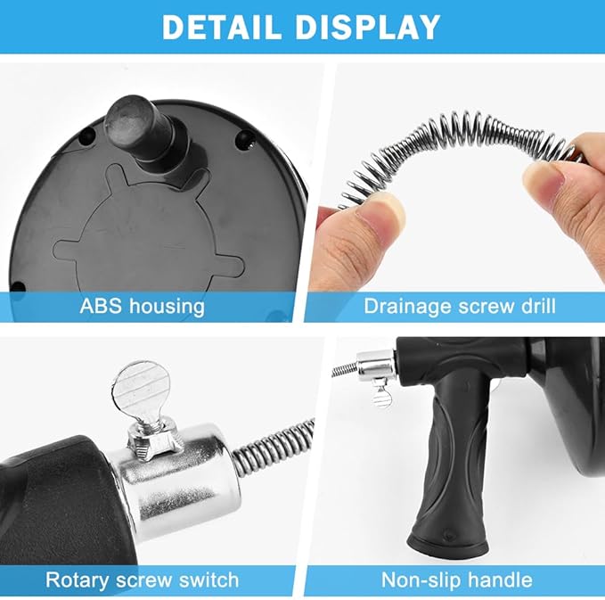 33ft Drain Clog Remover, Drain Hair Remover with Gloves, Rotating Handle Flexible Plumbing Snake Cleaner Tool for Kitchen,Bathrom and Shower (Black)