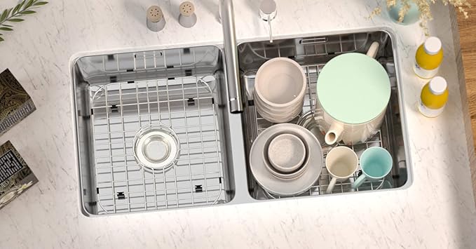 SANNO Kitchen Sink Protectors Gird, Centered Drain Hole Sink Grid and Stainless Steel Sink Protectors, Sink Bottom Grid for Double Sink 2 Pack