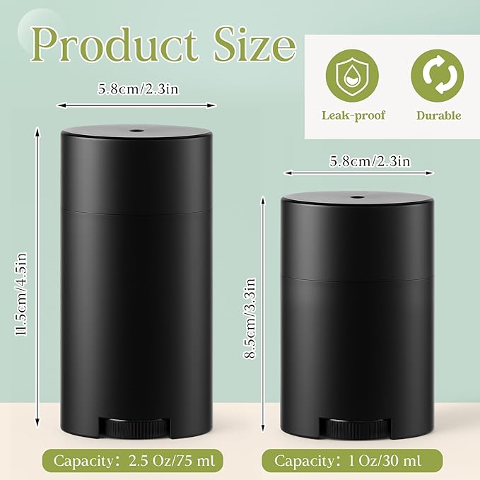 50 Pack Black Empty Deodorant Containers, 30ml/1oz, Bottom Filling, Refillable Deodorant Tubes Lipstick Balm Tubes Twisted, Plastic Oval for Homemade DIY Aromatherapy, Balm, Lotion