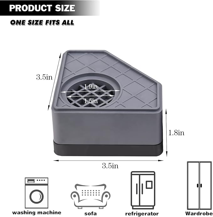Anti Vibration Pads for Washing Machine - Washer and Dryer Pedestals High Hard Wearing Square Rubber Foot Pads, Noise Cancelling and Shock Support Protects Pedestals (4 Pcs)