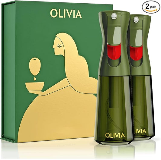 FLAIROSOL OLIVIA Oil Sprayer for Cooking, 2 Pack Green Glass Olive Oil Sprayer, 200ML Oil Dispenser for Kitchen, Continuous Oil Spray Bottle with Portion Control for Air Fryer, Salad, BBQ