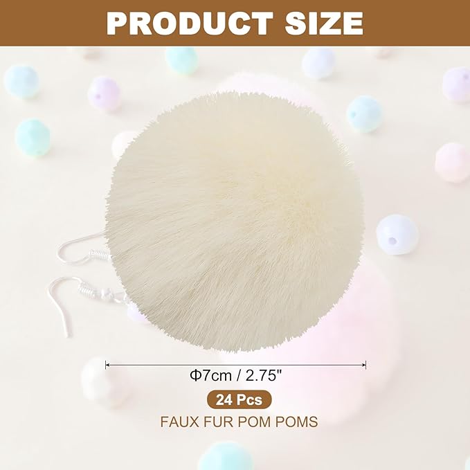PATIKIL Faux Fur Pom Poms for Hats, 24 Pcs Fluffy Soft Fur Poms Balls with Elastic Loop for Keychain Knitting Hats DIY Scarves Gloves Bag Christmas, Beige White