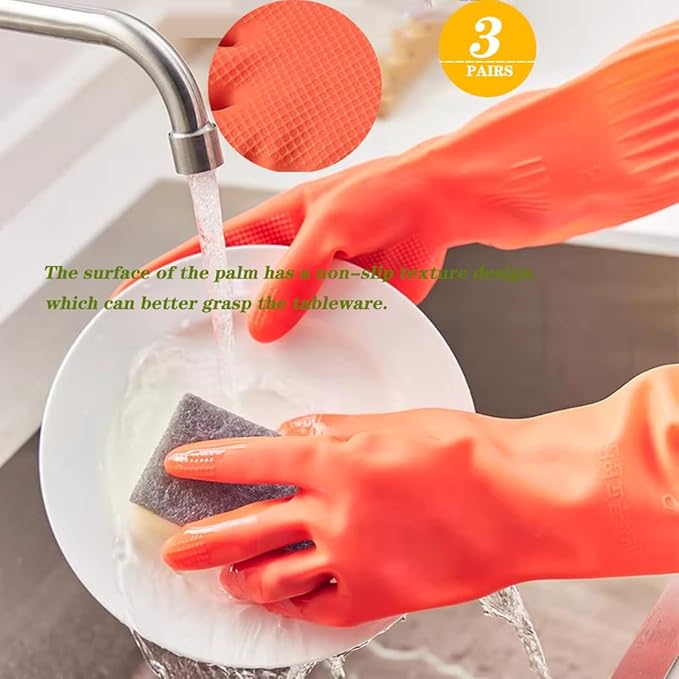 3 Pairs Household Extra Long Kitchen Gloves for Washing Dishes，20.05inches Rubber Cleaning Gloves，Reusable Latex Living Wash Gloves，Long Sleeves(Medium, Red)
