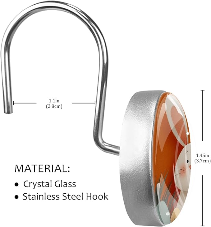 Easter Bunny Crystal Glass Shower Curtain Hooks for Bathroom Shower Rod, 12Pcs Round Home Decorative Shower Curtain Rings, Orange Bathroom Bedroom Living Room Accessories