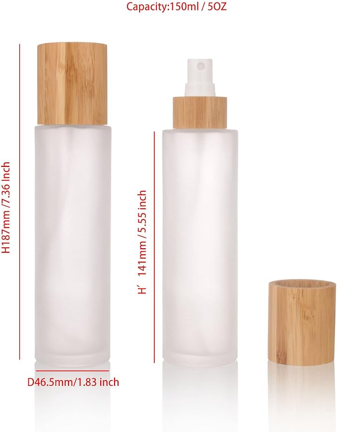 COSIDEA 12 pcs Empty 5oz /150ml bamboo lid Frost glass spray bottle with fine mist despenser head for liquid perfume toiletries containers, toner bottles