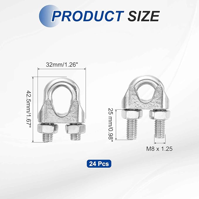 MECCANIXITY 24Pcs Wire Rope Cable Clip Clamps 3/8 Inch M10 Small 304 Stainless Steel U Bolt Saddle Fasteners Hardware for Secure Rigging Marine Guy Line Fence Clothesline, Silver