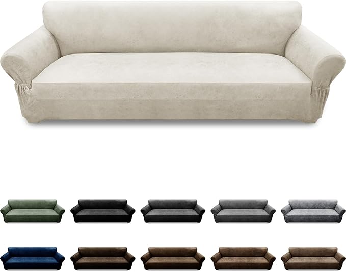 Oversized Sofa Slipcover Leather Look Couch Cover for 4 Seater Sofa 1-Piece Sofa Cover Stretch Furniture Protector with Elastic Bottom & Pockets(XL Sofa, Beige)