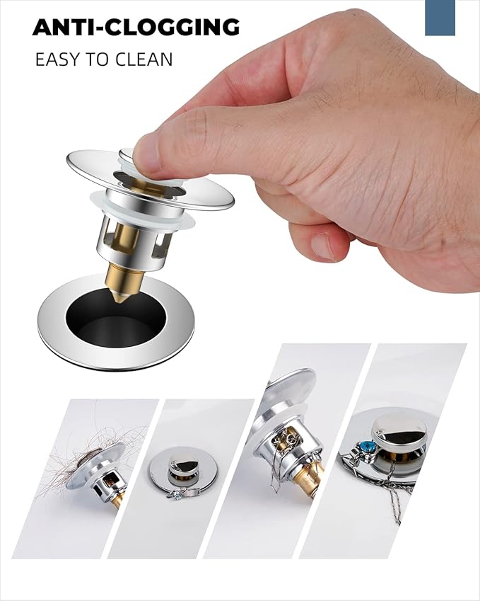 Hibbent All Metal Universal Bathroom Sink Stopper for 1.1''~2.3'' Basin, Pop Up Sink Drain Strainer, Brass Bullet Core Push Type Stopper, Stainless Steel Anti Clogging Drain Filter, Chrome
