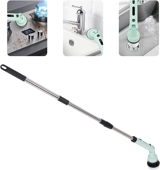 YUYTE Electric Spin Scrubber,Cordless Cleaning Brush with 9 Replaceable Heads,Adjustable Extension Handle, 90 Mins Long Lasting Power for Bathroom, Shower, Tub, Tile, Floor, Car (Green)