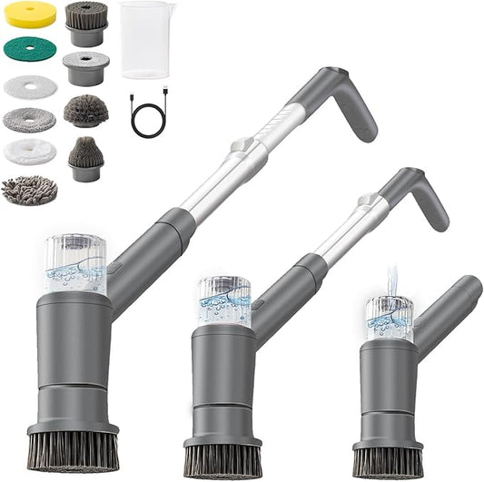 Electric Spin Scrubber,Spray with Foam Cordless Cleaning Brush, 2-Speed Shower Scrubber, Shower Cleaning Brush with 9 Replaceable Brush Heads, Adjustable Removable Handle for Bathroom（Dark Grey）