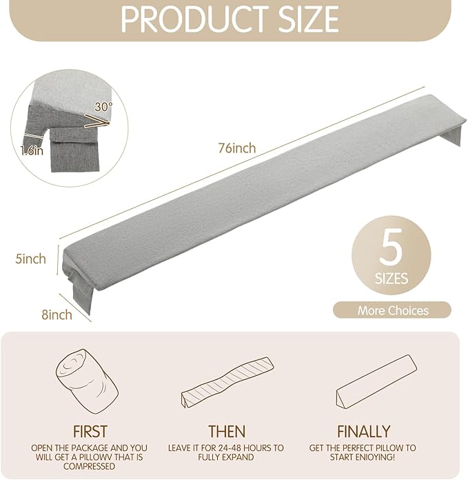 Novabright 76"x8"x5" Bed Wedge Pillow Gap Filler for Headboard Gap Filler Bed Wedge Pillow with Side Pocket Gaps Mattress Wedges Gaps Fillers to Stop Items Falling Down, Removable and Washable