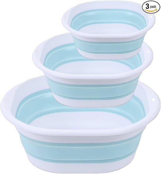 3-piece folding washbasin set, foldable dishwasher basin, space-saving folding sink, suitable for apartments, camping, dishwashing, fruit and beverage container, hiking, and household use (Blue)