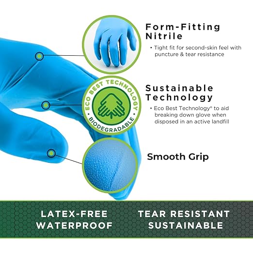 SHOWA 8005PF Sustainable EBT Latex-Free, Powder-Free, Nitrile Disposable Single Use Safety Gloves, 8 Mil, 9.5" Length, X-Large (1 Box/50 Gloves)