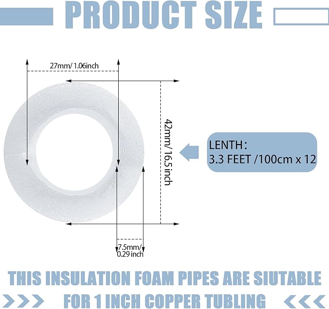 Amylove 12 Pcs 3.3 Feet Foam Pipe Insulation Foam Tube Insulating Water Pipe Pool Swim Noodles Pre Slit Heat Preservation Pipes Covers for Tubing Outdoor Winter Freeze Protection(White,3/4 Inch)