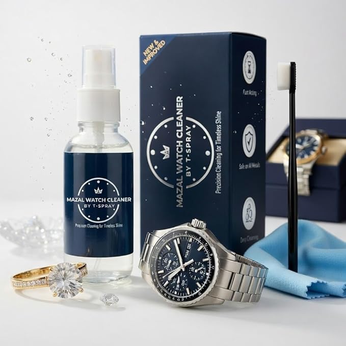 Mazal Watch and Jewelry Cleaner Spray kit. Cleaning Solution -Safe on All Metals, Crystals, Gold, Platinum, Precious Gemstones, Diamond Jewelry- Quick, Long Lasting Shine- TSA Approved 2oz