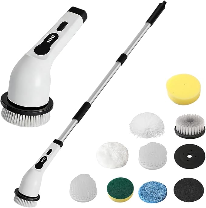 Electric Cleaning Brush, Cordless Rechargeable, 124x14x9cm, Power Scrubber Tool, Household Spïn Brush, Adjustable Handle, for Kitchen Home Shower Floor Tile