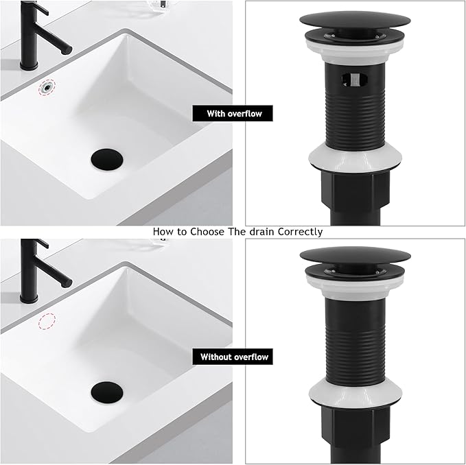 Bathroom Sink Drain,4 Pack Drain Stopper with Overflow,Pop Up Drain Assembly with Detachable Strainer Basket,Built-in Anti-Clogging, Stainless Steel Nut Mattle Black