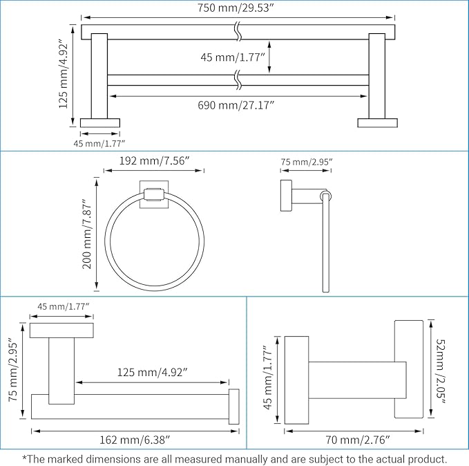 Miyili SUS304 Stainless Steel 5-Piece Bathroom Accessories Set with 30" Double Towel Bar, 5" Toilet Paper Holder, Towel Ring, 2 x Robe Hooks Bath Hardware Kit Wall Mount, Poilshed