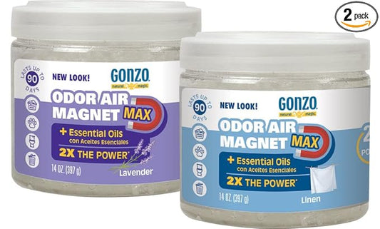 Gonzo Odor Air Magnet Max Gel Odor Eliminator (2 PACK) For Car, Closet, Trash & Pet Areas, Smoke Odors - Lavender and Linen Scent, 14 oz Jars, Blue