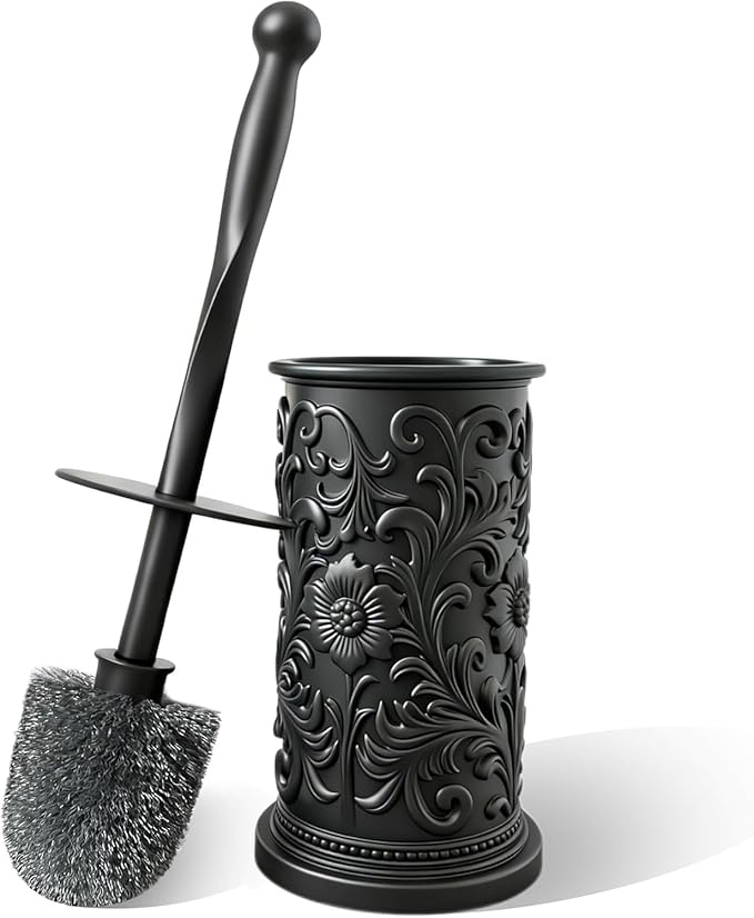 Black Toilet Brush and Holder Set, Floral Embossed Design Plastic Toilet Bowl Brush Set with Durable Bristles, Space-Saving Bathroom Cleaning Tool for Modern Decor