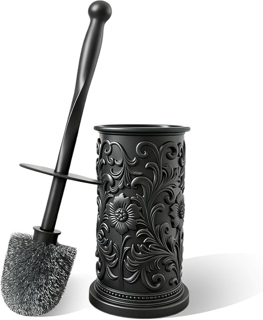 Black Toilet Brush and Holder Set, Floral Embossed Design Plastic Toilet Bowl Brush Set with Durable Bristles, Space-Saving Bathroom Cleaning Tool for Modern Decor