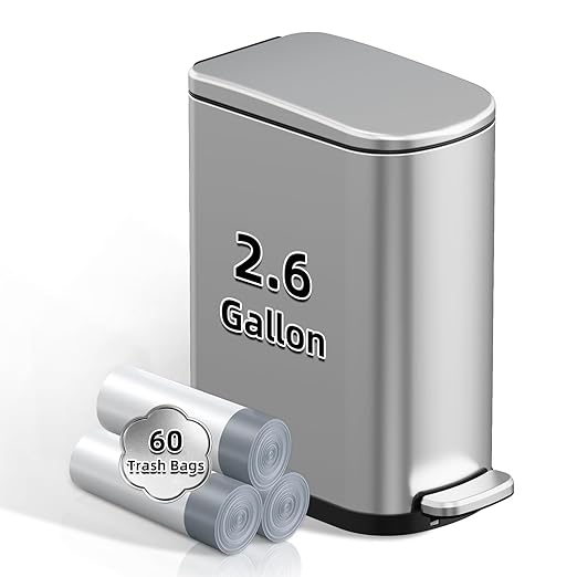 2.6 Gal Bathroom Trash Can with Soft Close Stay Open Lid, Small Rectangular 10L Stainless Steel Waste bin for Narrow Space, Waterproof, Odor Protection, Gold