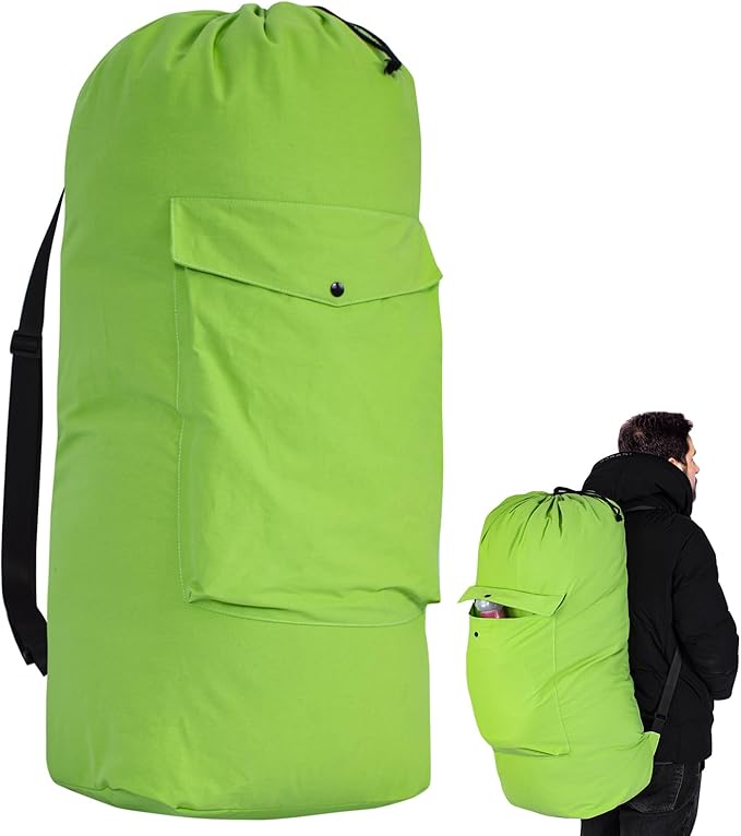 Sanlykate Canvas Backpack Laundry Bag - Extra Large Durable Dirty Clothes 2-3 Days Capacity with Adjustable Shoulder Strap & Front Pocket, for College Dorm, Apartment, Laundromats, Camping Travel