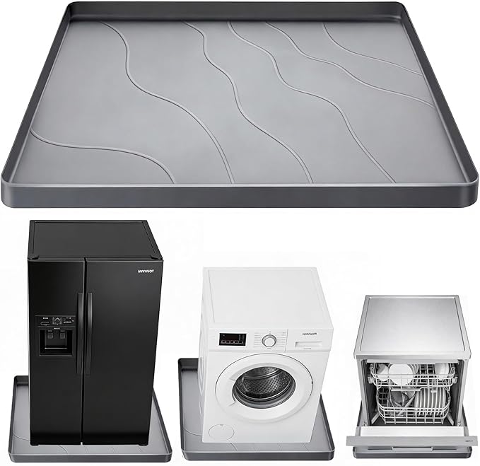 27×27×0.79inch Washing Machine Pan, With Raised Edge Washer Drip Tray, Drain Pan Silicone Mat, Foldable Portable Anti-Vibration Non-Slip Waterproof Pad, Textured Surface (Grey)