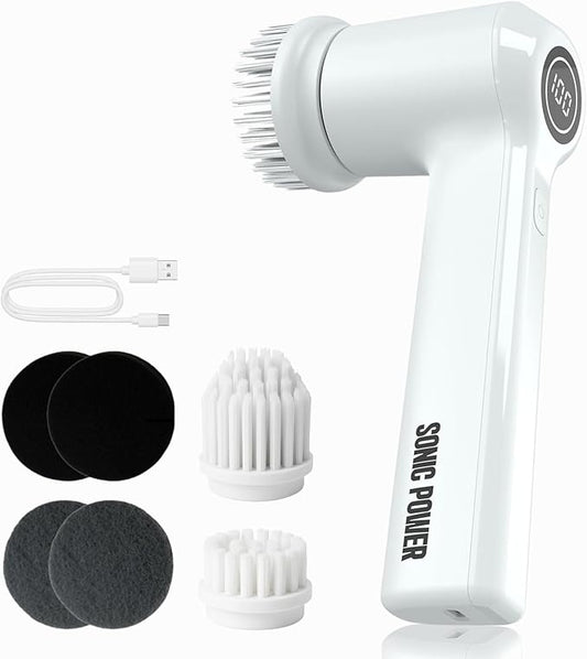 Electric Spin Scrubber – Handheld & Ergonomic, IPX7 Waterproof, 4 Multi-Purpose Brush Heads, Long-Lasting Rechargeable Battery – Cleans Dishes, Bathroom, Tile, Grout & Kitchen (White)