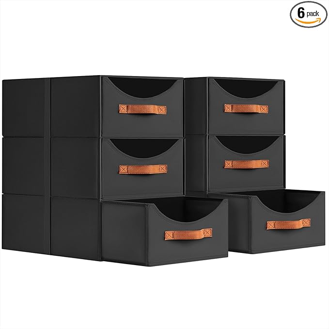 Stackable Storage Drawers - Large Collapsible Storage Bins with Drawers, 6 Pack Closet Shelf Organizer Basket, Fabric Pull Out Organizer for Bedroom, Living Room, Dorm, Black