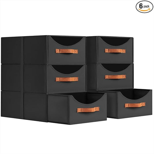 Stackable Storage Drawers - Large Collapsible Storage Bins with Drawers, 6 Pack Closet Shelf Organizer Basket, Fabric Pull Out Organizer for Bedroom, Living Room, Dorm, Black
