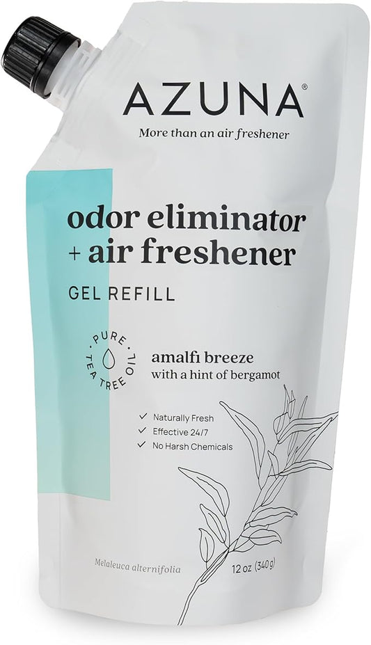 Azuna Air Freshener and Odor Eliminator for Strong Odor Gel 12oz Refill Pouch with Tea Tree Oil | Plant-Based & Long Lasting | Pet, Smoke, Home and Bathroom | Amalfi Breeze | Lasts 60–90 Days