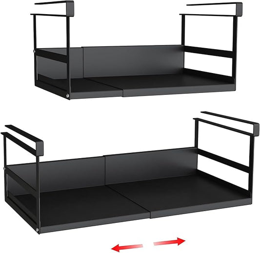 Expandable Under Cabinet Shelf Organizer with 0.94-Inch Thick Clips, Heavy Duty Extendable Under Shelf Storage Basket for Pantry or Laundry Room, Black, 2 Pack, Interior: 5.7" H x 8.54" D