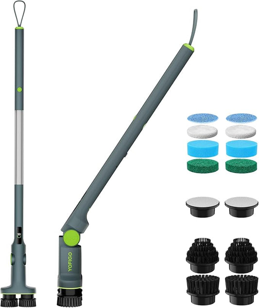 Electric Spin Scrubber, Cordless Power Scrubber with Dual Rotating Brush Heads, Adjustable Angle Handle 90°-180° 6 Replaceable Attachments, IPX7 Waterproof for Bathroom, Tile, Floor, Tub (C1 Plus)