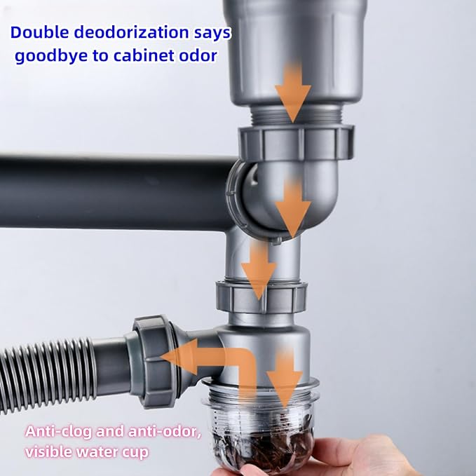 One Sink Kitchen Drainage Kit Space Saving Flexible Drain Pipe Flexible P-Trap Drain Strainer with 3-1/2 Inch Kitchen Sink Drain Assembly kit，Suitable for Kitchen, Bathroom, RV
