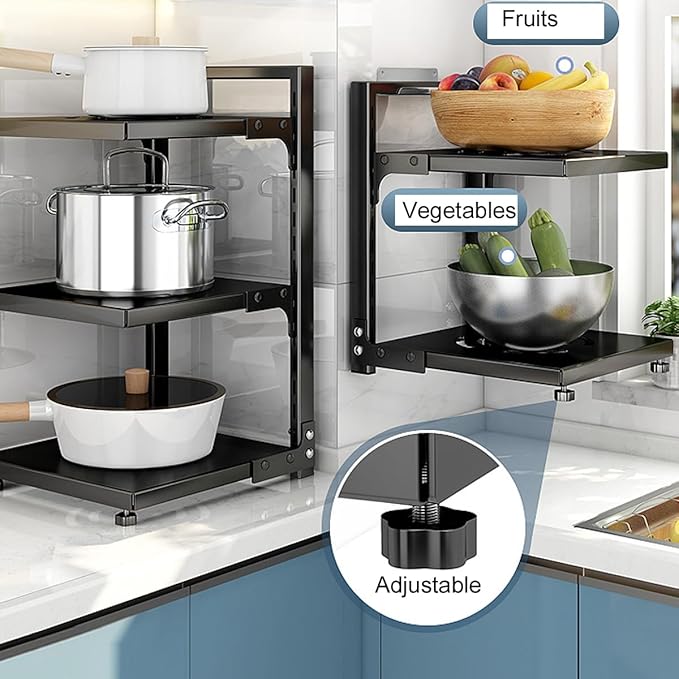 Pots and Pans Organizer for Cabinet Black Adjustable 2 Tier Pot Organizer Rack Under Sink or Floating Shelf Heavy Duty Kitchen Storage Organizers Pot Lid Organizer