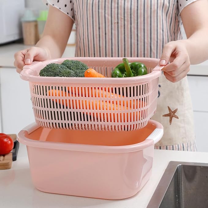BESTonZON Double Layer Draining Basket with Fast Drain Holes Plastic Colander for Vegetable and Fruit Washing and Kitchen Food Prep 5.91 X 10.24 X 5.91 Inches