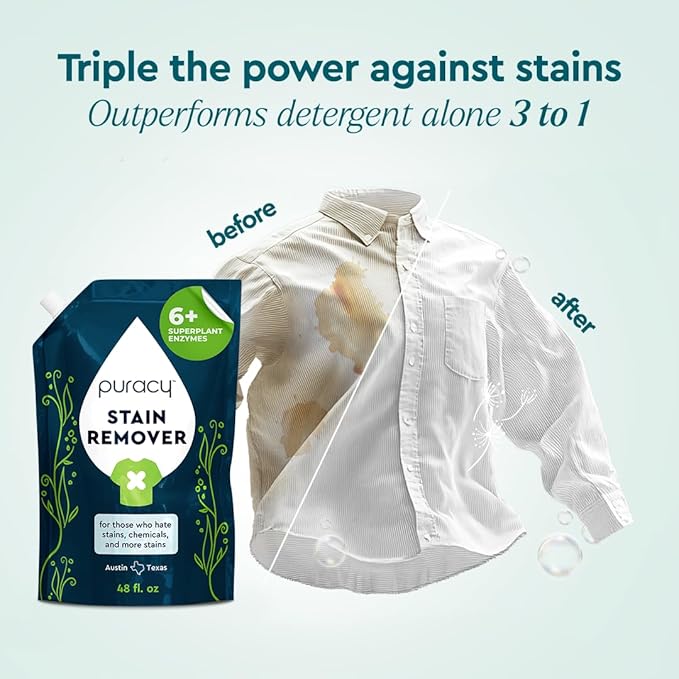 Puracy Stain Remover, Natural Travel and Laundry Stain Cleaner for Clothes, Baby Essentials, Kids Stains, Oil and Fabric Spot Cleaner, Unscented (Stain Remover Spray, 48 fl oz)