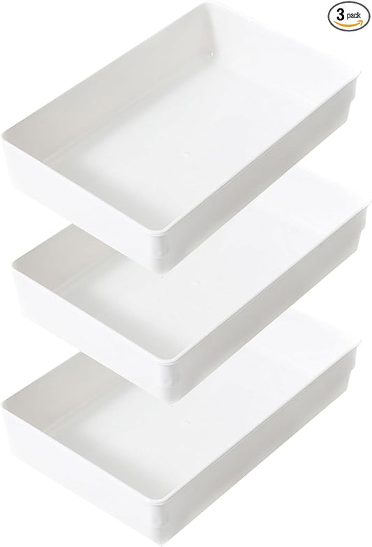 ihomecooker 3 Pack White Plastic Drawer Organizer Tray Cutlery Utensil Makeups Drawer Organizers 9" X 6"