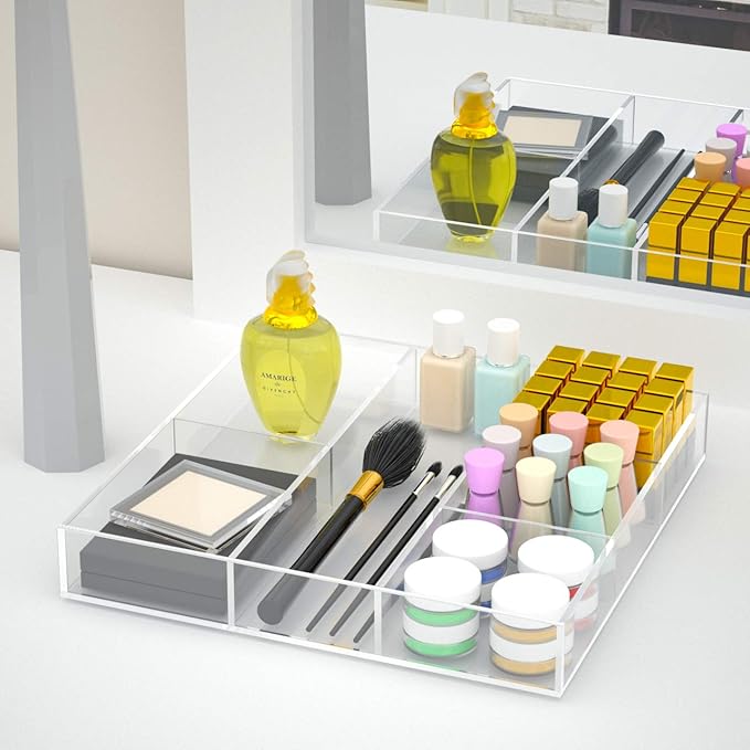HIIMIEI Acrylic Drawer Organizer, 6 Section Clear Makeup Tray Organizer for Drawer Office Bedroom(11.8x11.8 inch)