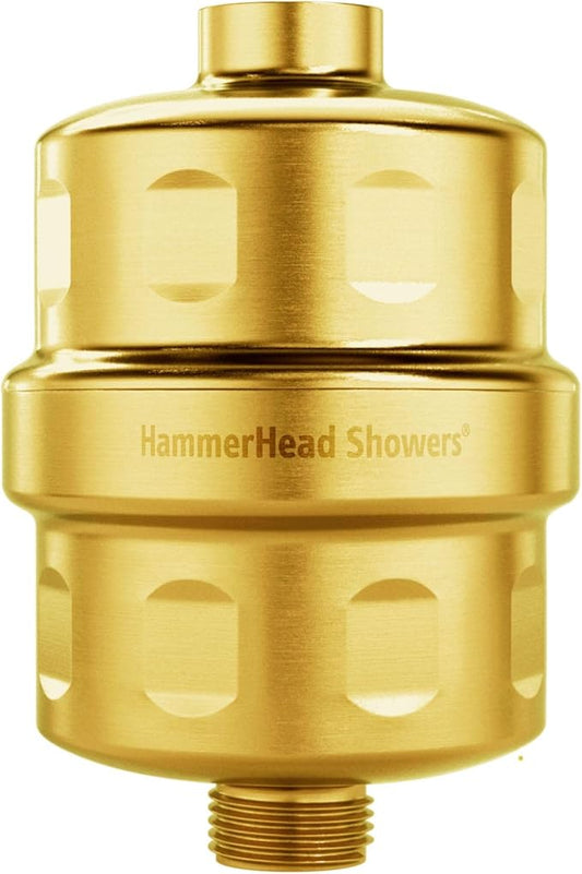 HammerHead Showers® Solid Metal Shower Head Filter – KDF 55 Shower Filter, High Pressure Universal Shower Filters to Remove Toxic Chemicals – Removes Chlorine and Heavy Metals – Brushed Gold