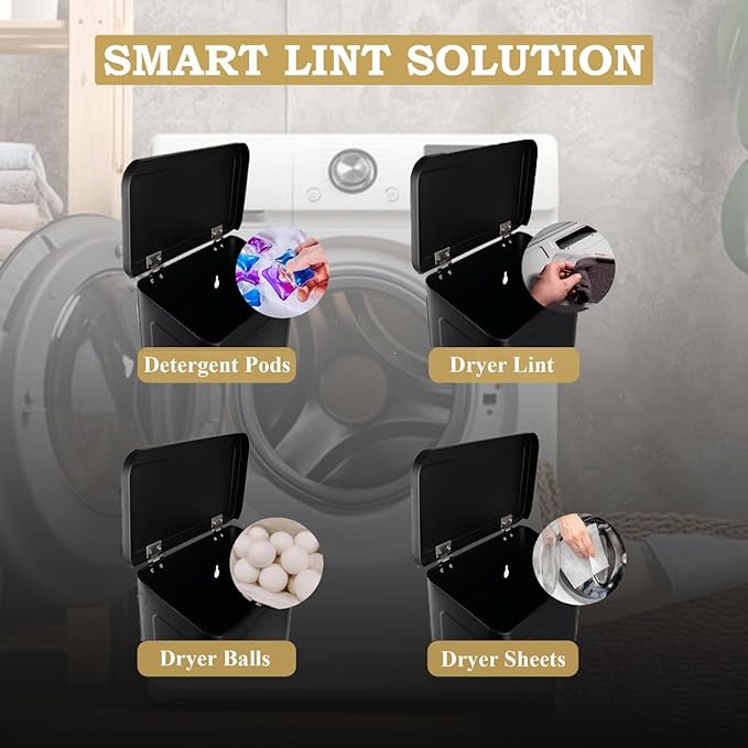 Magnetic Lint Bin for Laundry Room Organization & Storage, Wall-Mounted Dryer Lint Bin Trash Can with Lid, Lint Box Includes Brush, 2 White Hooks, 1 Black Hook, Screws & Magnet Glue (Black)