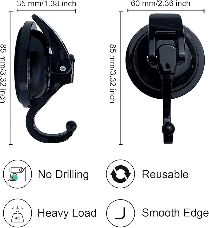 Heavy Duty Vacuum Suction Cup Hooks, ABS Plastic and TPU Rubber Shower Hooks, Bathroom Robe Hooks, Reusable, No Hole Punched, for Garland Decoration (Black, 2 Pack)