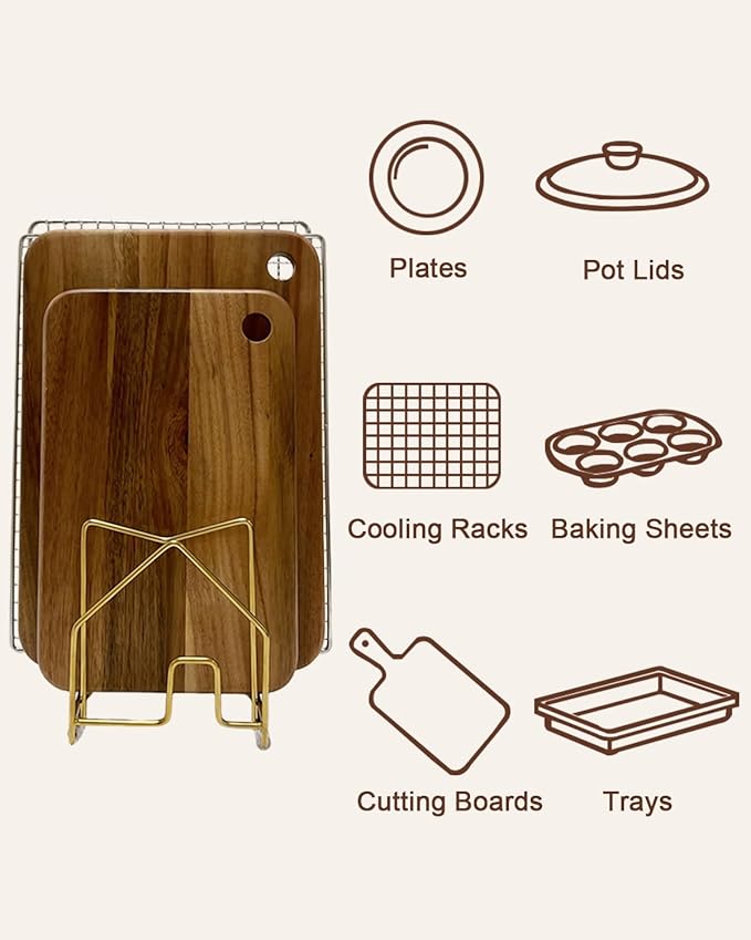 2 Pack Pot Lid Organizer Cutting Board Holder Inside Cabinet 304 Stainless Steel Pot and Pan Organizer Under Cabinet Cookie Sheet Bakeware Serving Tray Cooling Rack Stand Kitchen Countertop Matte Gold
