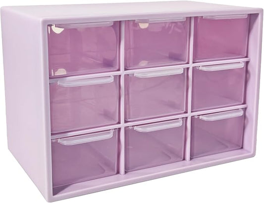 Small Drawer Organizer for Desk, 7.1" x 3.8" x 4.6" Mini Desktop Drawer Organizer with 9 Clear Drawers, Compact Craft & Office Supplies Organizer for Home School (Purple)